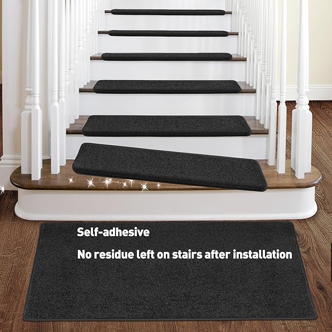 PURE ERA Bullnose Carpet Stair Treads Set Tape Free Non-Slip Indoor Stair Protectors Pet Friendly Rugs Covers Soft Skid Resistant Washable Reusable 9.5" x 30"(14 Pieces,Black)