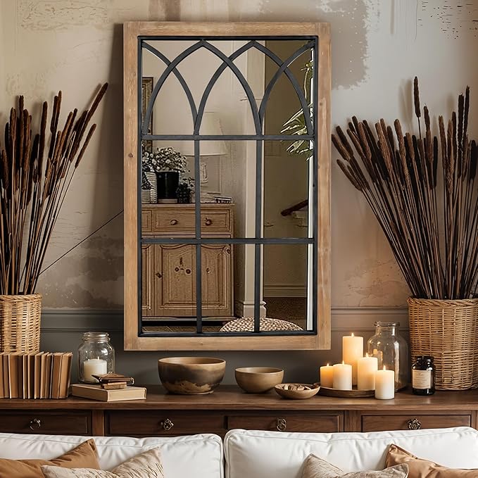 Oakrain Rustic Window Mirror for Wall Decor, 24”x37” Wood Frame Decorative Wall Mirror, Wall-Mounted Farmhouse Mirrors for Living Room, Bedroom, Entryway, Bathroom, Brown