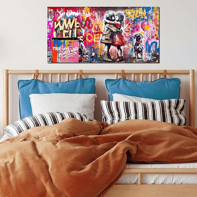 CIRABKY Graffiti Wall Art - Colorful Banksy Wall Art - Boy Kiss Girl Print - 20" x 40"