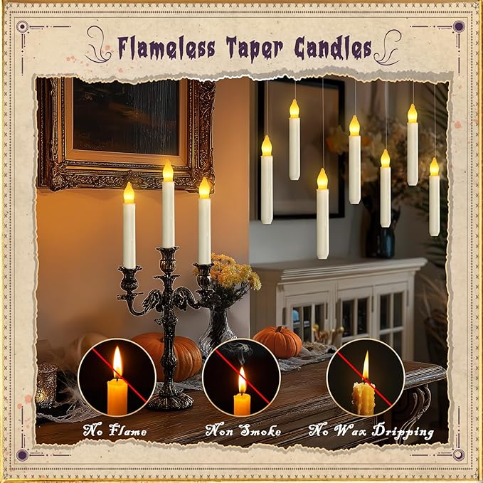 Homemory 20 Pcs Floating Candles with 2 Wand, LED Warm Yellow Magic Deco Candle, Warm Yellow Flameless Taper Candles for Halloween Party Decor