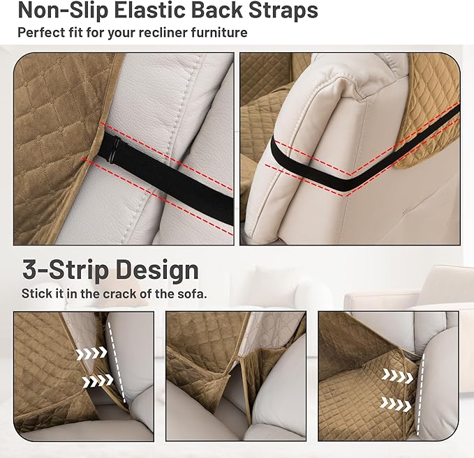 Recliner Sofa Covers 100% Waterproof Velvet L Shape Recliner Couch Covers for Dogs Pets Washable Anti Slip 1 Additional Couch Cover for Reclining Couch (Additional Seat, Light Brown)