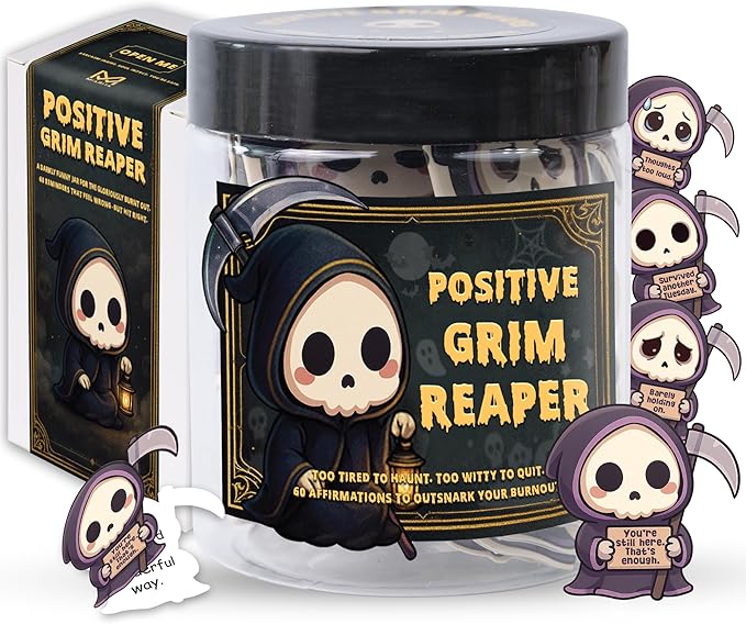 Positive Grim Reaper Jar – 60 Funny Emotional Support Grim Reaper, Dark Humor Spooky Gifts, Halloween Basket Stuffers for Adults Women Men, Halloween Gifts for Adults, Coworkers, Boo Basket Stuffers
