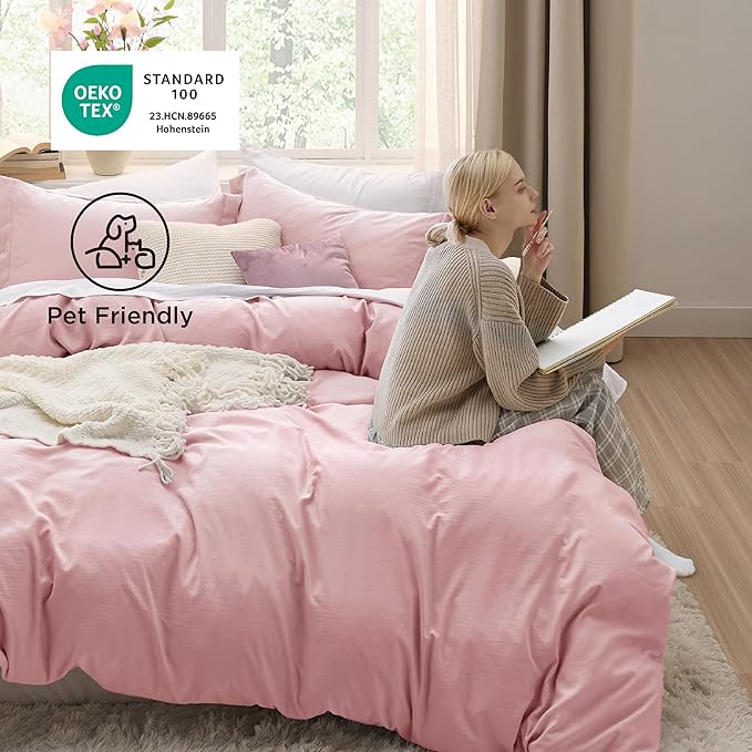Bedsure Pink Duvet Cover Twin/Twin XL Size - 2 Pieces Prewashed Cotton-Like Extra Soft Bedding Set, Includes 1 Twin Duvet Cover 68x90 Inches with Zipper Closure & 1 Pillow Sham, No Comforter