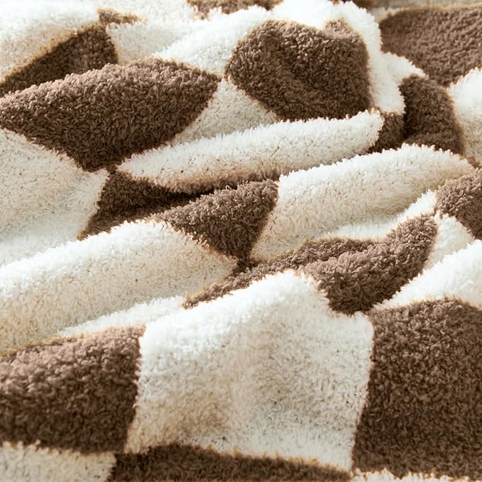 CozeCube Super Soft Fullfy Microfiber Reversible Knitted Blankets, Warm Cozy Fuzzy Plush Throw, Dark Brown and White Checkered Throw Blanket for Couch Bed Sofa, 50" x 60"