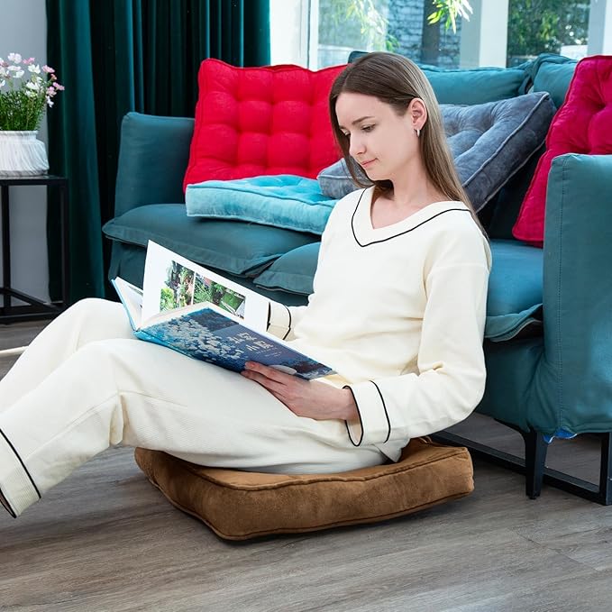Floor Pillow Set of 2, Memory Foam Meditation Cushion, Floor Cushions for Adults Sitting, Large Square Seat Cushions for Yoga, Couch, Sofa, Kids, Living Room, 22x22 Inch (Brown)