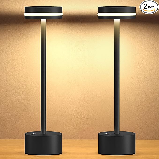 Cordless Table Lamp, Portable Rechargeable Bedside Lamp, Touch Stepless Dimmable Desk Lamp, for Home Bedroom Hotel Restaurant Bar Outdoor, 2 Set, Black