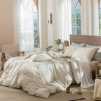 MooMee Gingham Duvet Cover Set 100% Washed Cotton Linen Like Textured Breathable Durable Soft Comfy Modern Checkered Design (Almond Milk Grey Gingham, Oversized Queen 98"x98")