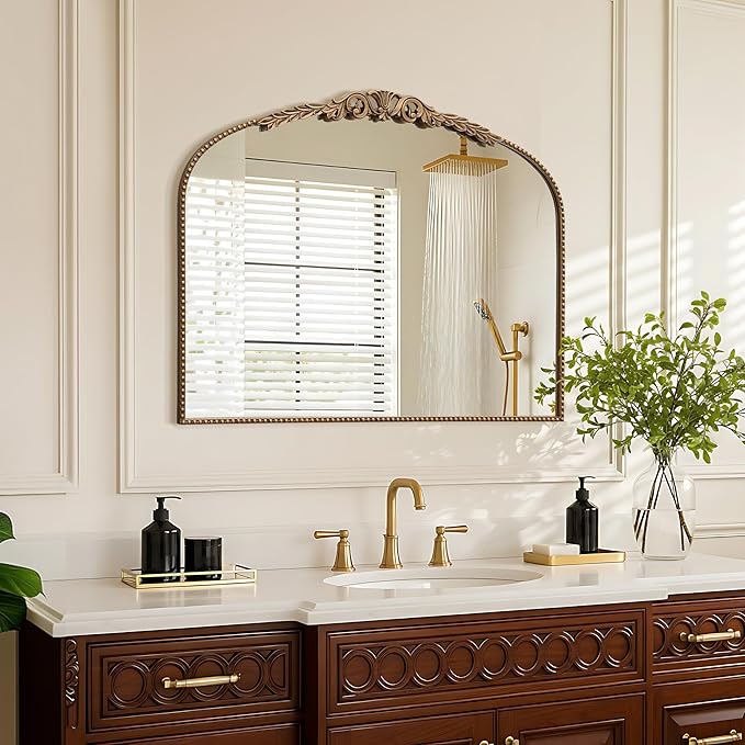 Besdomus Gold Vintage Vanity Mirror: 24"x 32" French Baroque Arched Mirror - Traditional Ornate Antique Mirrors for Wall/Dresser/Mantel/Bedroom/Entryway/Bathroom/Hallway - Home Decor for Living Room