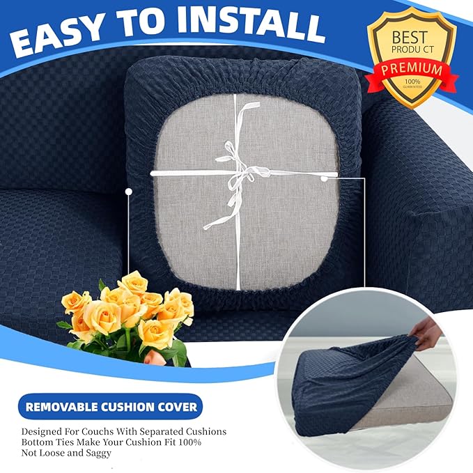 YEMYHOM Stretch Individual Cushion Covers Sofa Chair Seat Cushion Slipcovers Soft Couch Cover Replacement Large Checkered Furniture Protector with Elastic Bottom (1 Pc Cushion Cover, Navy)