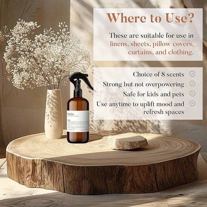 Dusa Baies Room Spray - 16.9 fl oz - Ultimate Home Fragrance, Bed Room Essentials & Soothing Fabric - Natural Air Freshener & Linen Mist for Home - Eco-Friendly Odor Eliminator w/Aromatherapy