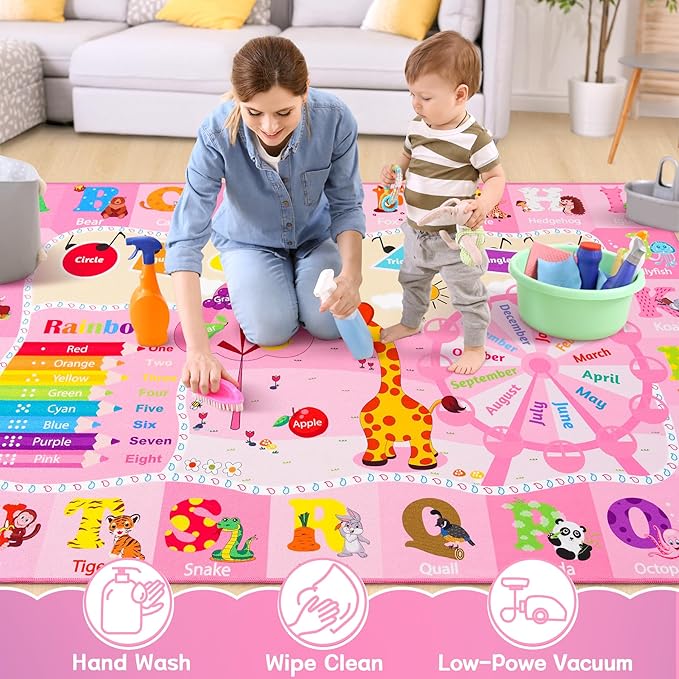 Chicrug Educational Kid Area Rug for Playroom, 9x12 Feet TPR Non Slip Kids Classroom Carpet Rug for Learning ABC Animal Shape Color Fruit, Washable Play Mat Rug for Children Nursery Toddler Room Decor