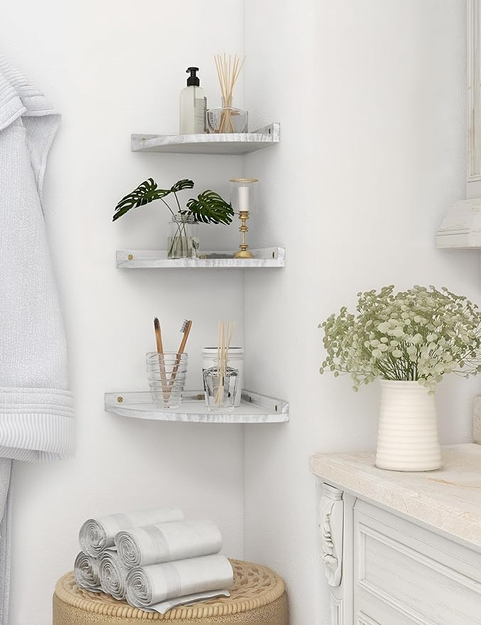Corner Shelves Wall Mount, Rustic Natural Wood Corner Floating Shelf, Distressed White Storage Organizer Corner Wall Shelves for Living Room Kitchen Bedroom Bathroom Laundry, 9.68x9.68 Inch