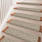 PURE ERA Bullnose Carpet Stair Treads Tape Free Non-Slip Indoor Stair Protectors Pet Friendly Stair Treads for Wooden Steps 9.5" x 30"(2 Pieces, Cream Gray Diamond Trellis)