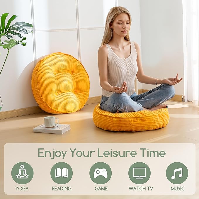 HIGOGOGO Washable Floor Pillow Cushion for Adults, Meditation Cushion Pillow, Large Round Floor Sitting, Removable Tufted Corduroy Cover, for Tatami Living Room or Yoga, 22x22 Inch, Machine Washable