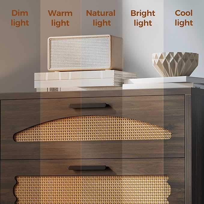Mericonia 4 Drawer Rattan Dresser for Bedroom, Wood Tall Dresser for Closet with Metal Handles, Boho Nightstand Sets, Dressers & Chests of Drawers for Bedroom, Hallway and Entryway, Walnut