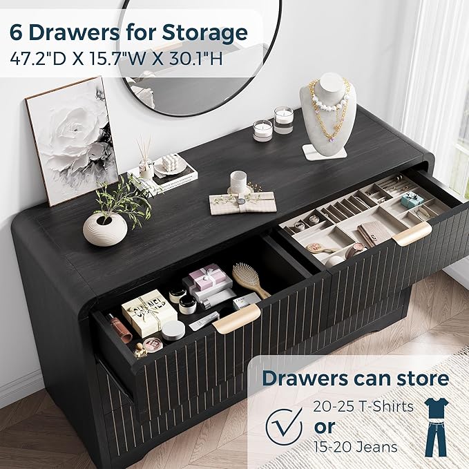 Modern 6 Drawer Dresser for Bedroom, 47" Wide Wood Dressers & Chests of Drawers Curved Profile Design, Mid Century Modern Fluted Dresser for Bedroom, Black Dresser