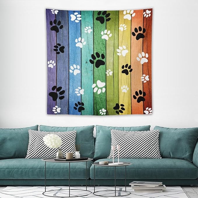VUMIVI Dog Paw Tapestry Vintage Rustic Colorful Barn Boards Black White Animal Footprints Tapestry Wall Hanging for Living Room Bedroom Dorm Classroom Aesthetic Decor W60xL60in