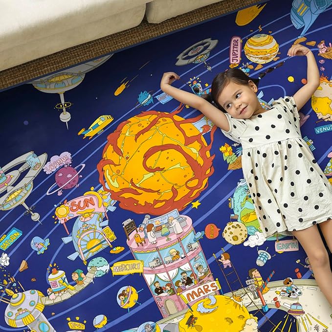Solar System Explorer 6x9 Kids Area Rug – Educational Outer Space Map with Planets, Rockets, Robots & Aliens – Ideal for Playroom, Classroom, Living Room, or Science-Loving Children