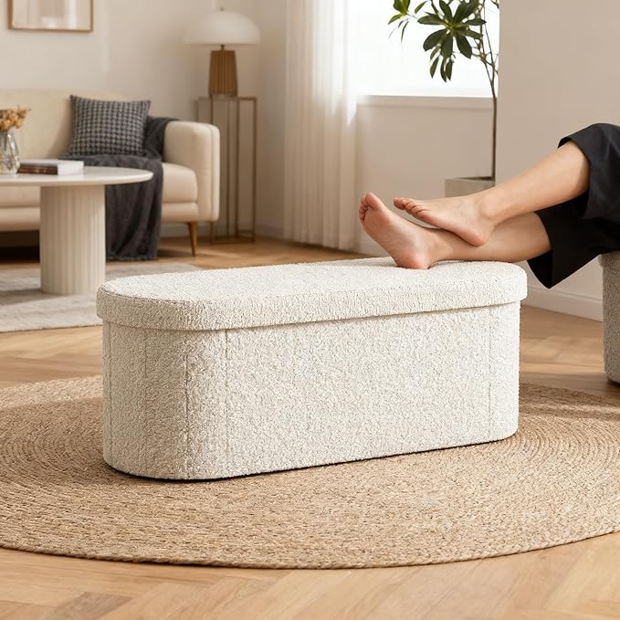 GLAXYFUR Oval Storage Ottoman Bench, Sherpa Foot Rest, 43 Inch Folding Chest for Living Room, Bedroom, White