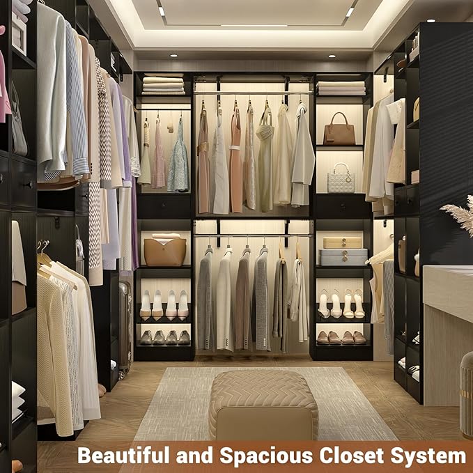 Unikito 58-90 Inch Closet System, Large Walk in Closet Organizer with 3 Hanging Rods and Shelves, Heavy Duty Wood Closets Wardrobe with 2 Drawers & Shoe Rack, Sturdy Reversible Clothing Rack, Black