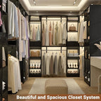 Unikito 58-90 Inch Closet System, Large Walk in Closet Organizer with 3 Hanging Rods and Shelves, Heavy Duty Wood Closets Wardrobe with 2 Drawers & Shoe Rack, Sturdy Reversible Clothing Rack, Black