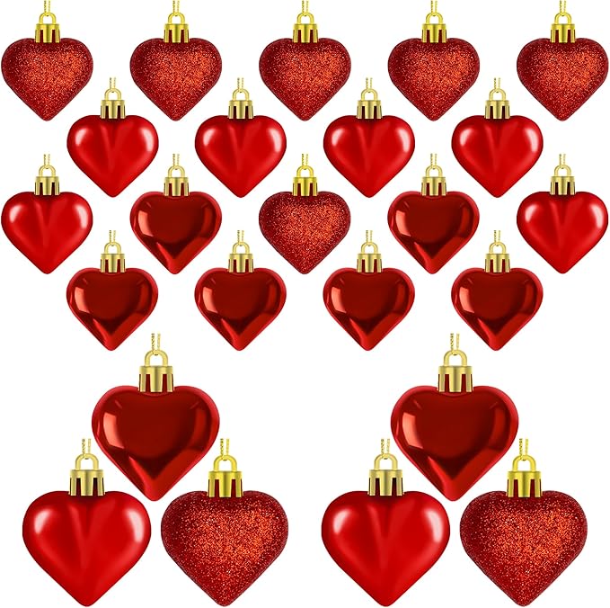 24PCS Heart Shaped Ornaments, Red Heart Shaped Ornaments, Valentines Heart Hanging Ornaments in 2 Sizes, Glossy Heart Baubles for Valentines Wedding Christmas Tree Party Decorations
