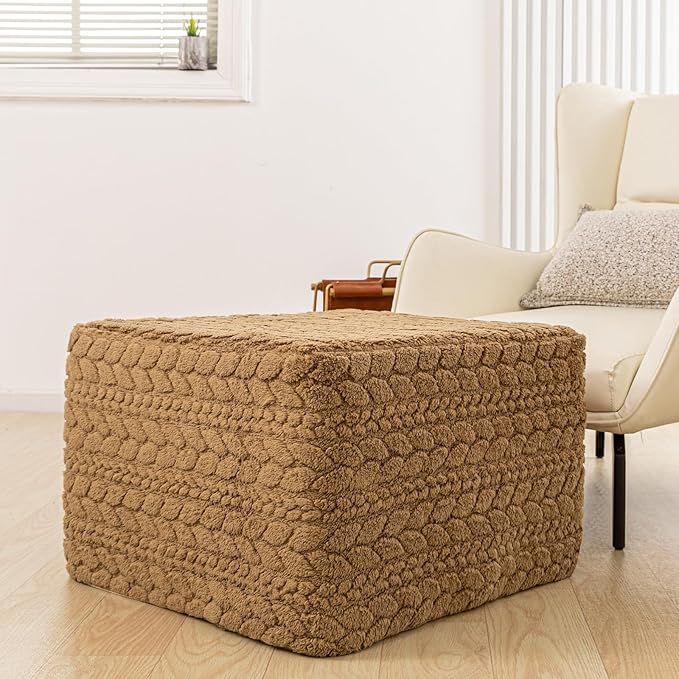20x20x14 Inches Fluffy Square Pouf Ottoman - Plush Furry Ottoman Foot Rest Stool with High-Density Foam, Versatile Floor Seating for Living Room (Coffee)