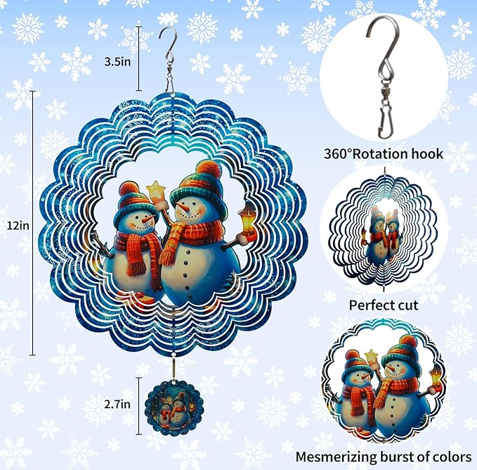 3D Snowman Wind Spinners for Yard and Garden Christmas Decor 12 Inch Outdoor Metal Stainless Steel Wind Spinner Unique Gift Xmas Wind Sculptures