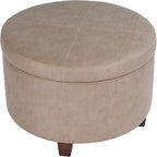 Homepop Home Decor | Upholstered Faux Leather Round Storage Ottoman | Ottoman with Storage for Living Room & Bedroom, Taupe Brown