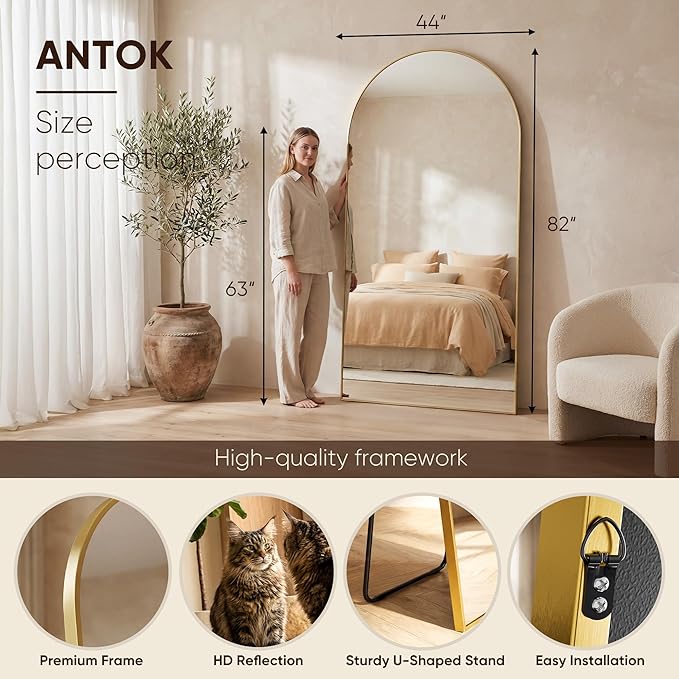 Antok Full Length Mirror, 82"x44" Floor Mirror, Arched Floor Standing Freestanding Arch Full Body Mirrors with Stand for Bedroom, Hanging Mounted for Living Room Cloakroom,Gold