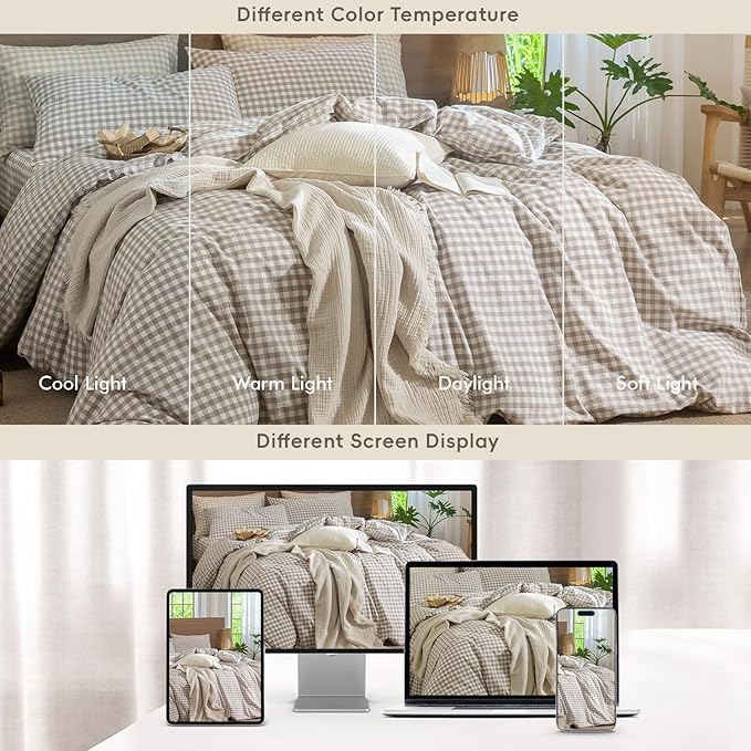 MooMee Gingham Duvet Cover Set 100% Washed Cotton Linen Like Textured Breathable Durable Soft Comfy Modern Checkered Design (Tannish Linen Grey Gingham, King 104"x90")