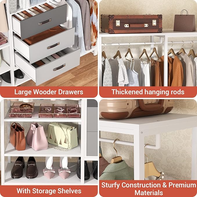 Aheaplus Wood Clothes Rack Wardrobe Closets for Hanging Clothes Heavy Duty Garment Rack, Large Corner L Shaped Closet System Organizer Walk-in Closet for Bedroom with 3 Wood Drawers, White Oak