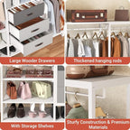 Aheaplus Wood Clothes Rack Wardrobe Closets for Hanging Clothes Heavy Duty Garment Rack, Large Corner L Shaped Closet System Organizer Walk-in Closet for Bedroom with 3 Wood Drawers, White Oak