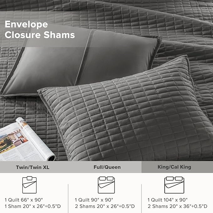 Comfort Spaces Kienna Quilt Set- Double Sided Stitching Design Summer Blanket, Lightweight, Soft, All Season Bedding Layer, Matching Sham, Charcoal, Coverlet King (104"x90") 3 Piece