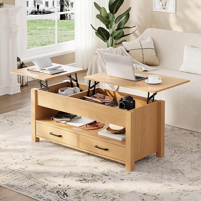 IDEALHOUSE 47.2" Coffee Table with Storage, Multi-Function Lift Top Coffee Table with Wooden Lift Tabletop, 2 Drawers and Hidden Compartment, Central Table for Living Room Home Office, Natural