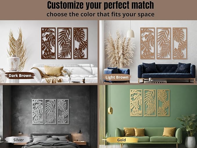 Vailla Wood Wall Art Decor Tropical leaves Wall Hanging Sculpture Modern Home Decoration 3 Wall Hangings Large Wooden Wall Arr 3D Textured Sculptures for Living Room Bedroom Office Dinnig Room