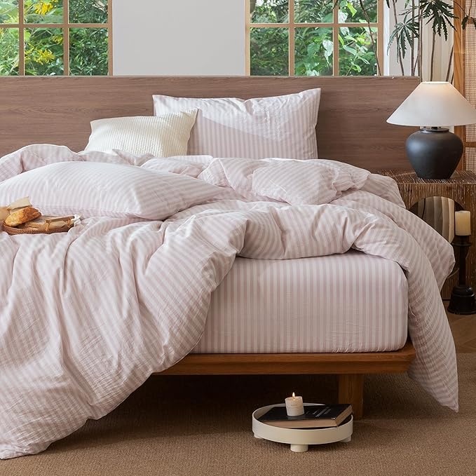 MooMee Striped Duvet Cover Set 100% Washed Cotton Linen Like Textured Breathable Durable Soft Comfy (Heathered Greyish Pink Classic Stripes, Full 80"x90")