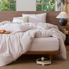 MooMee Striped Duvet Cover Set 100% Washed Cotton Linen Like Textured Breathable Durable Soft Comfy (Heathered Greyish Pink Classic Stripes, Palatial King/Oversized King 120"x98")