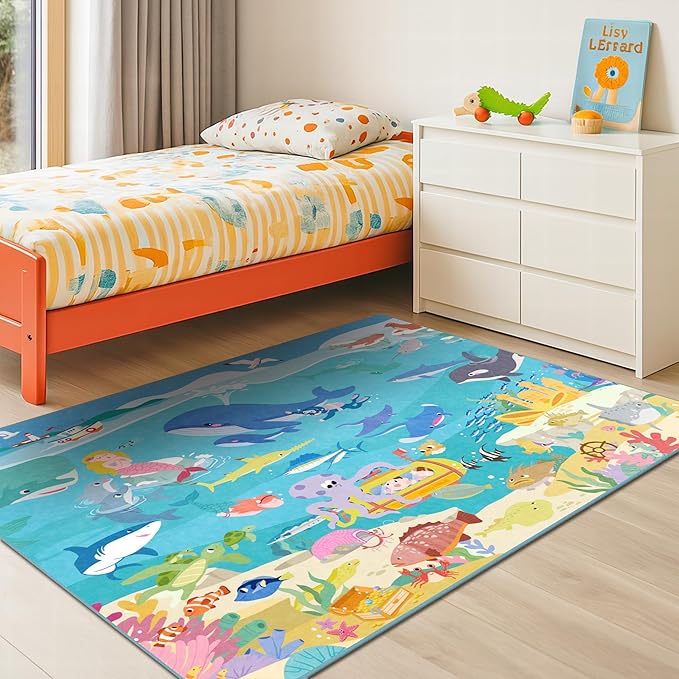 3x5 Small Kids Rug for Bedroom - Washable Soft Ocean Themed Rug for Kids Room, Bathroom and Playroom – Sea Animal Playmat for Children, Toddler, Whale Mermaid & Marine Life Educational Learning Carpet
