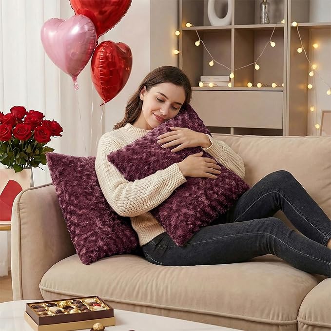 FUTEI Burgundy Decorative Throw Pillow Covers 20x20 Inch Set of 2,Soft Solid Rose Swirl Textured Cushion Case,Valentine's Day Decor for Couch Living Room