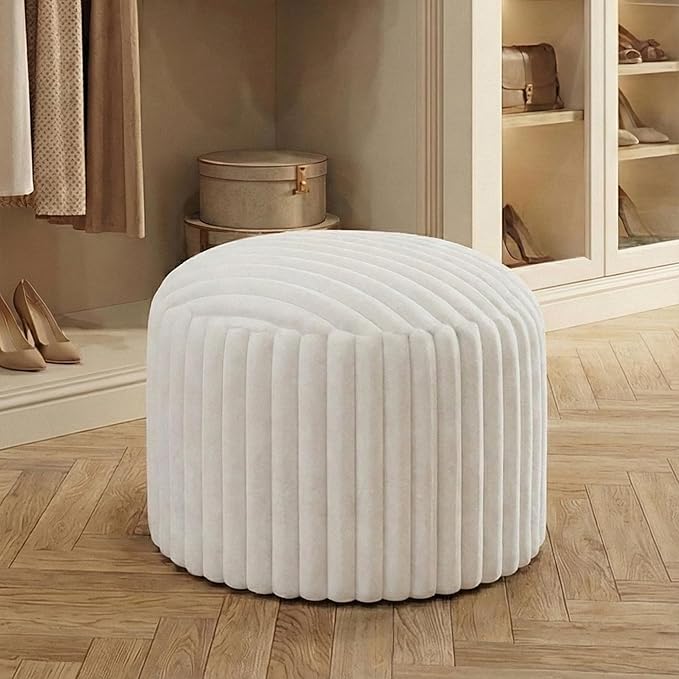 Luxury Round Stuffed Floor Poufs Ottoman, Stripe Faux Fur Footrest with Dual Layer Comfort, Removable Washable Cover, 20"x15" Plush Shaggy Pouf for Living Room Bedroom Vanity, Cream Beige