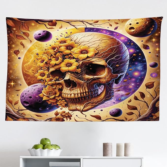 Ambesonne Trippy Tapestry, Neo Traditional Floral Ornate Skull with Earthy Leaves Space Scenario, Fabric Wall Hanging Decor for Bedroom Living Room Dorm, 45" X 30", Apricot Blue Violet Taupe