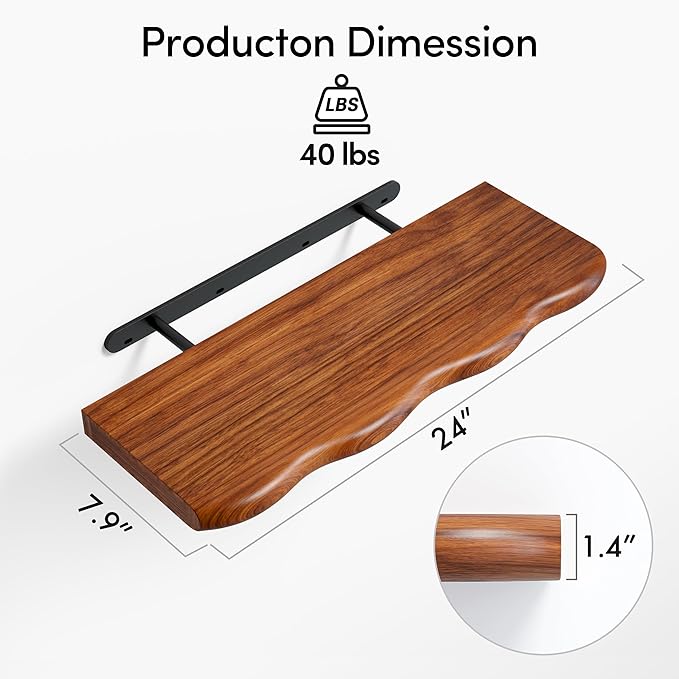24inch Walnut Floating Shelves for Wall,Luxury Rustic Solid Wood Shelf Bracket for Room Decor/Storage/Display,Wall Mounted Hanging Shelves for Bedroom,Living Room, Set of 2