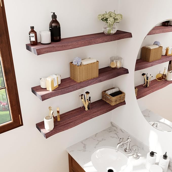 24" Acacia Live Edge Floating Shelves Set of 2 - Wall Mounted Wooden Shelf for Stylish Home Décor - Cherry Color 24x7.5x1.5 Inches