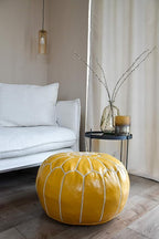 Premium Moroccan Leather Pouf - Handmade - Delivered Stuffed - Ottoman, Footstool, Floor Cushion (Yellow)