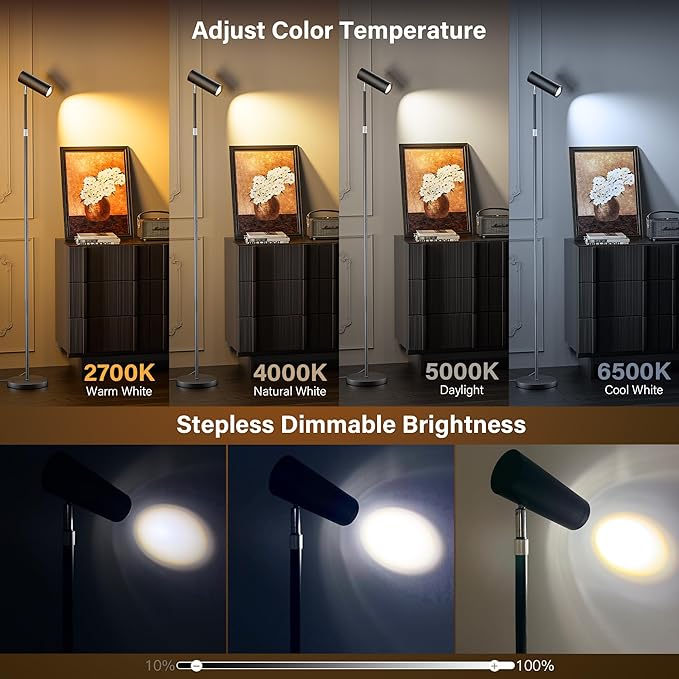 Spotlight Floor Lamp, Tall LED Standing Lamp with Remote/Touch Control, 2700K-6500K, 350°Rotating Head Standing Lamp, Reading Floor Lamp for Living Room, Bedroom, Office & Wall Art, Black
