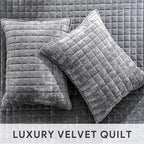 RECYCO Luxury Velvet Quilt Set Full Queen Size, Lightweight Velvet Comforter Set, Oversized Bedspread Coverlet Quilted Bedding Set, with 2 Matching Pillow Shams, for All Season, Gray