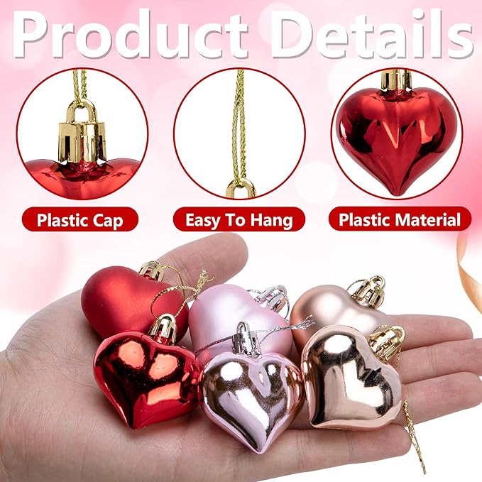 60pcs Valentine's Day Heart Ornaments - Valentine's Mother's Day Heart Baubles Shaped Hanging Ornaments Decoration for Valentine Tree Wedding Anniversary Party (Red)