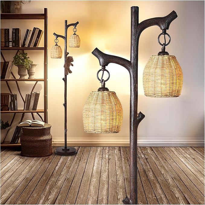 Scenekoy 68" High Farmhouse Rustic Country Cottage Floor Lamp Tree Trunk Faux Wood Column Dark Bronze Wicker Drum Shade Decor for Living Room Bedroom Reading Room