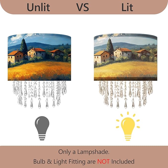 Pastoral Landscape Lamp Shade with Acrylic Bead Droplets, Drum Fabric Light Shade for Ceiling Pendant Table & Floor Lamps, Farmhouse Country Style Decor, 11.8in